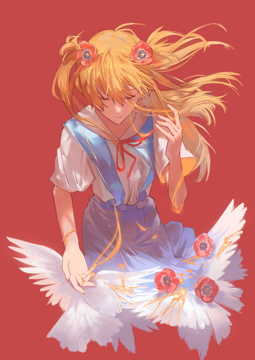 1girl, absurdres, blue_skirt, closed_eyes, closed_mouth, commentary_request, flower, hair_flower, hair_ornament, highres, long_hair, moririmuli, neck_ribbon, neon_genesis_evangelion, orange_hair, red_ribbon, ribbon, school_uniform, shirt, short_sleeves, skirt, solo, souryuu_asuka_langley, tokyo-3_middle_school_uniform, white_shirt