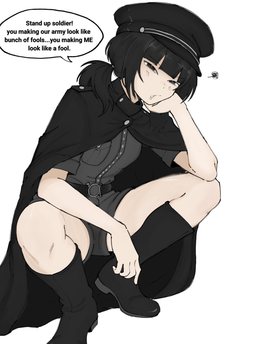 1girl, belt, black_hair, boots, breasts, cape, english_text, full_body