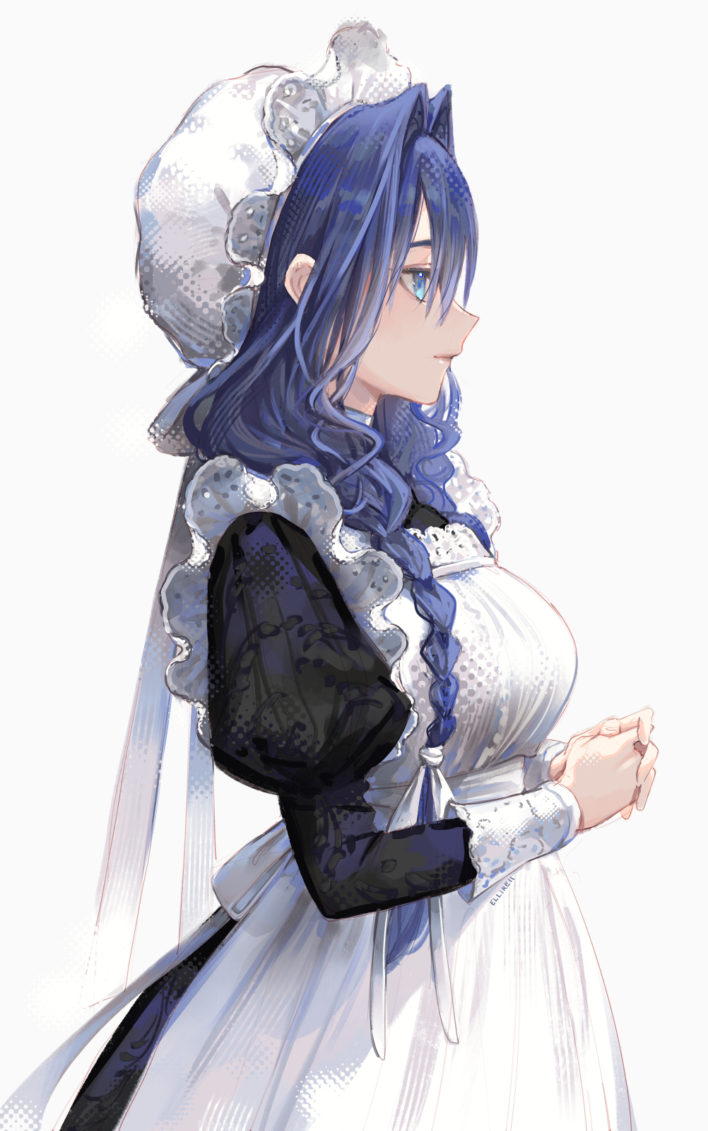 1girl, apron, black_dress, blue_eyes, blue_hair, breasts, commentary_request, dress