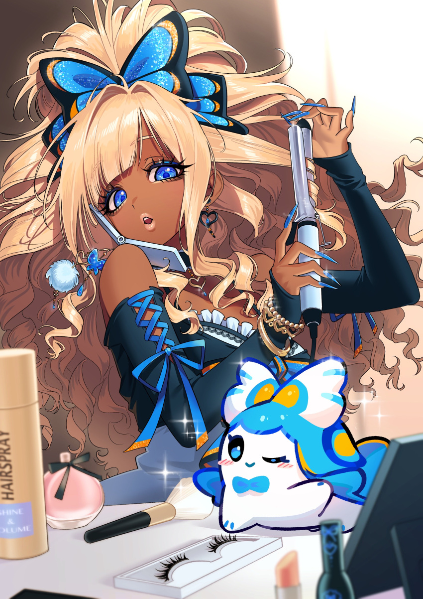 1girl, absurdres, aegyo_sal, bangle, bare_shoulders, bead_bracelet, beads, big_hair, black_choker, black_shirt, blue_eyes, blue_eyeshadow, blue_nails, blue_ribbon, bottle, bracelet, butterfly_hair_ornament, cellphone, cellphone_charm, charm_(object), choker, clash_of_critters, commentary, cosmetics, creature, curling_hair, curling_iron, dark-skinned_female, dark_skin, dizim, earrings, english_commentary, eyelashes, eyeshadow, fake_eyelashes, fake_nails, flip_phone, ganguro, gyaru, gyaru_makeup, hair_ornament, hair_spray, heart, heart_bracelet, heart_choker, heart_earrings, highres, holding_curling_iron, jewelry, lips, lipstick_tube, long_hair, long_sleeves, looking_at_viewer, makeup, making-of_available, multiple_bracelets, nail_polish_bottle, off-shoulder_shirt, off_shoulder, official_art, open_mouth, original, parted_bangs, perfume_bottle, phone, pom_pom_(clothes), pov, promotional_art, ribbon, shirt, sleeves_past_wrists, solo, sparkle, teeth, updo, upper_body, very_long_fingernails, wavy_hair