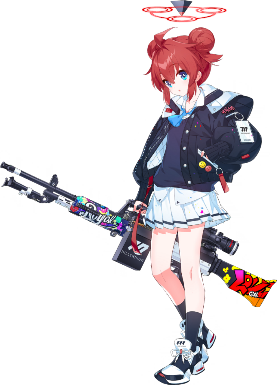 1girl, 9ml, :o, ahoge, arm_at_side, badge, black_jacket, black_socks