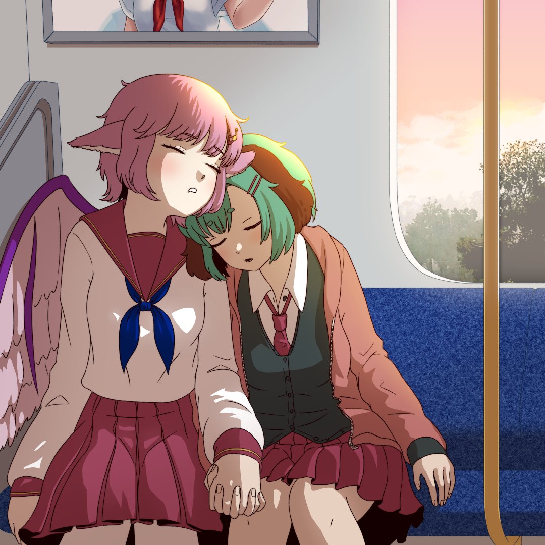 2girls, alternate_costume, animal_ears, bird_ears, black_vest, blue_neckerchief, bus, closed_eyes