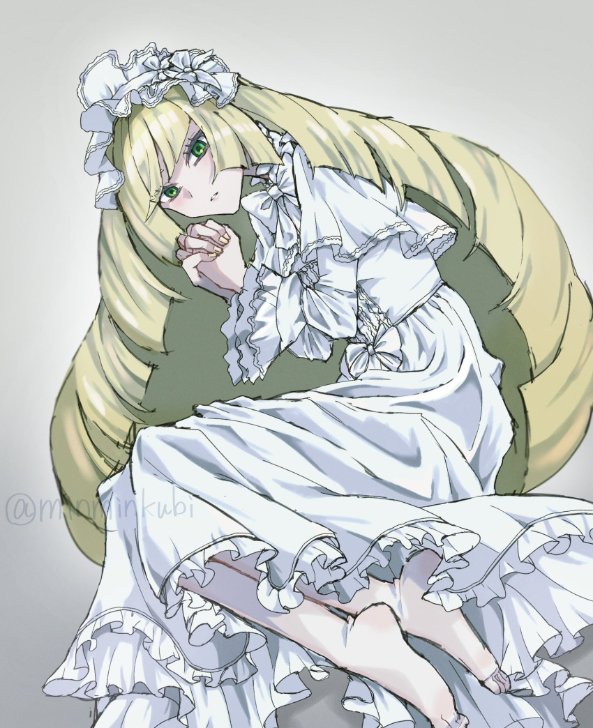 1girl, alternate_costume, barefoot, blonde_hair, bow, commentary_request, dress, eyelashes