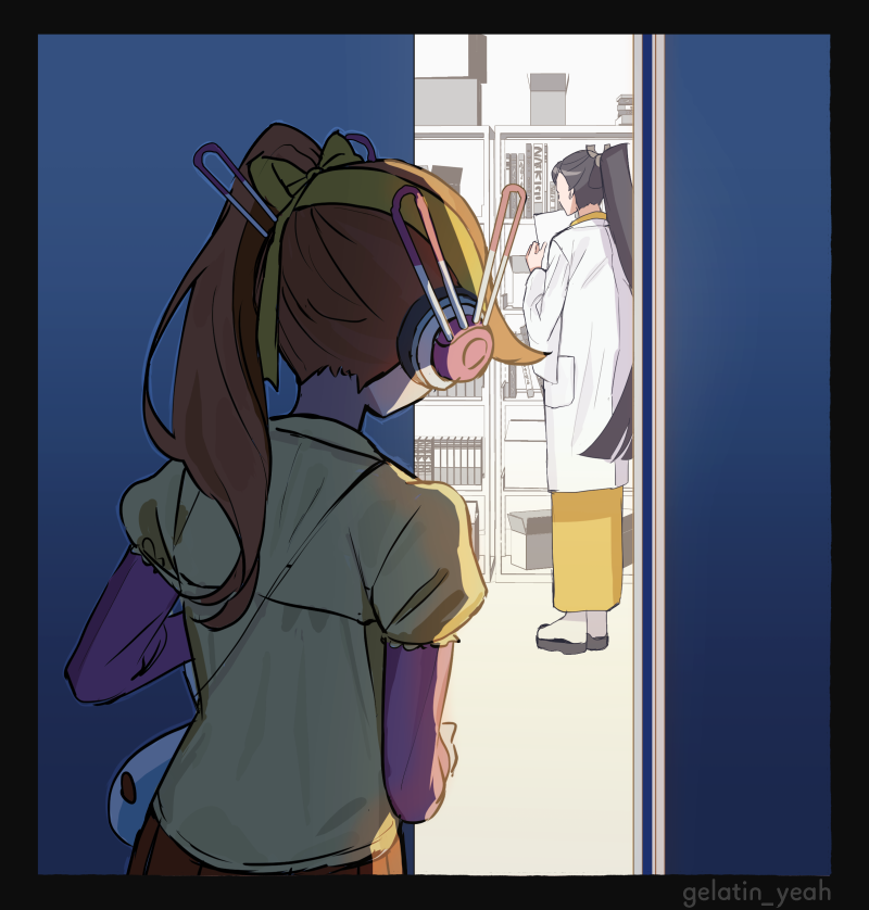 2girls, ace_attorney, artist_name, athena_cykes, black_border, border, bow, bow_hairband
