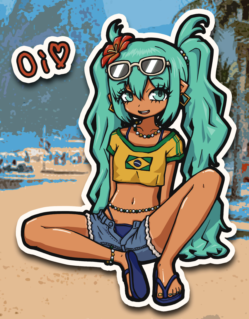 absurdres, aqua_eyes, aqua_hair, brazilian_flag, brazilian_flag_print, brazilian_miku, crop_top, dark_skin, djkurara_various, eyelashes, eyewear_on_head, flag_print, flower, hair_flower, hair_ornament, hatsune_miku, heart_feet, hibiscus, highres, jewelry, midriff, multicolored_nails, nail_polish, navel, necklace, open_mouth, portuguese_text, sandals, short_sleeves, shorts, smile, sunglasses, twintails, underwear, vocaloid
