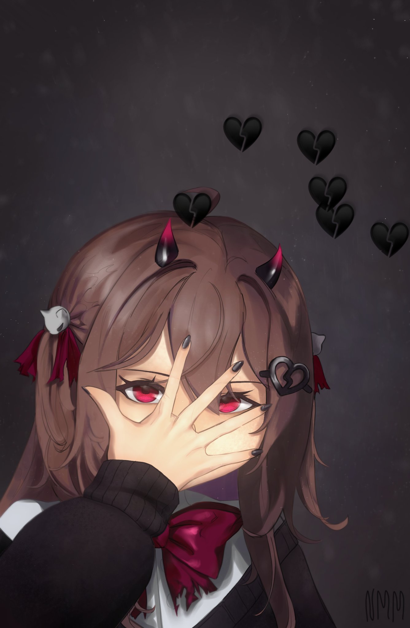 1girl, black_cardigan, black_horns, black_nails, bow, bowtie, broken_heart, broken_heart_hair_ornament