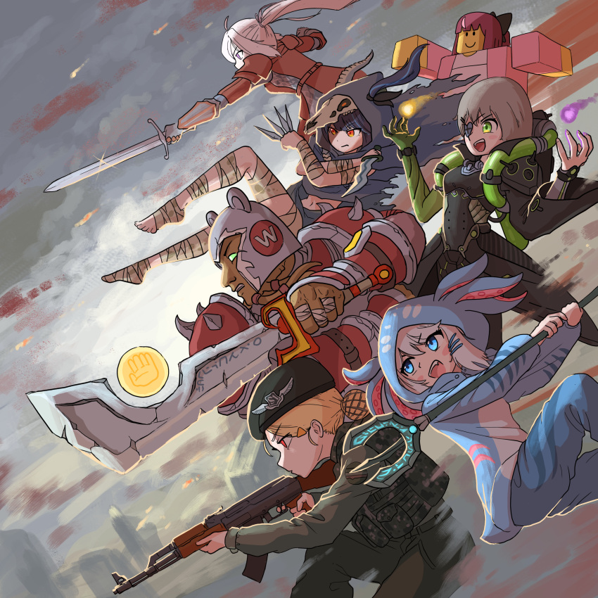 1boy, 5girls, absurdres, ah-ro-wan, ak-47, animal_hood, armor, ashbringer