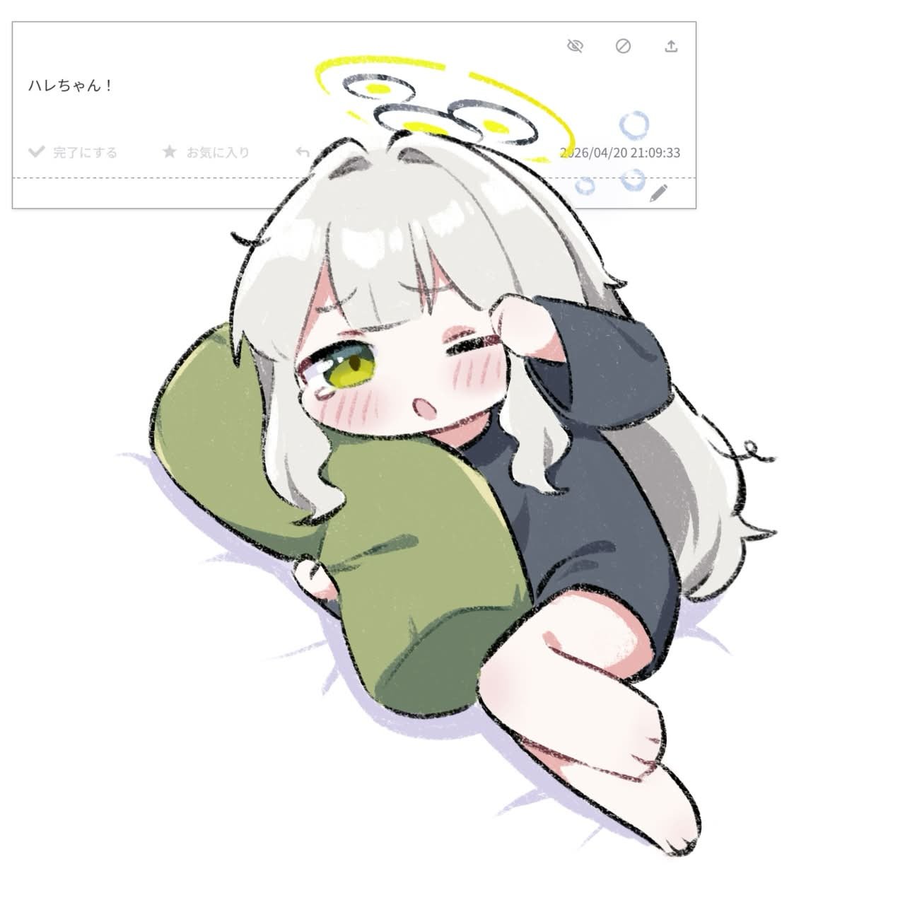 1girl, ;o, blue_archive, chibi, green_eyes, green_halo, grey_hair, halo
