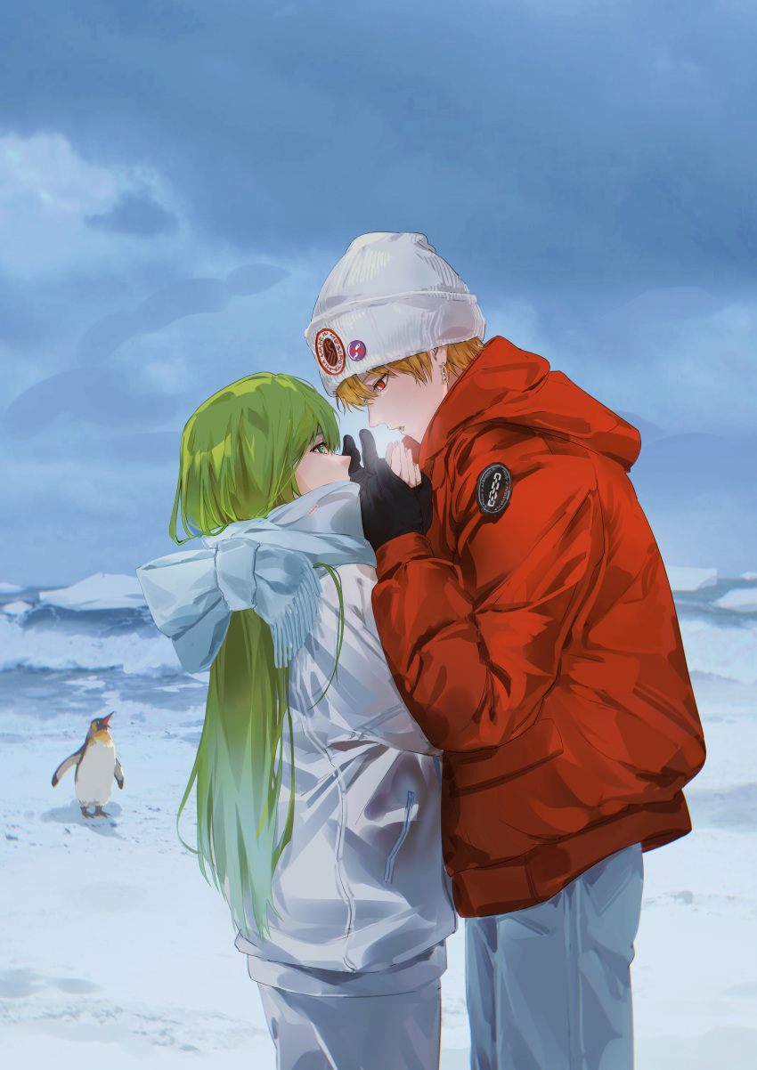 1boy, 1other, absurdres, androgynous, antarctica, beanie, bird, black_gloves