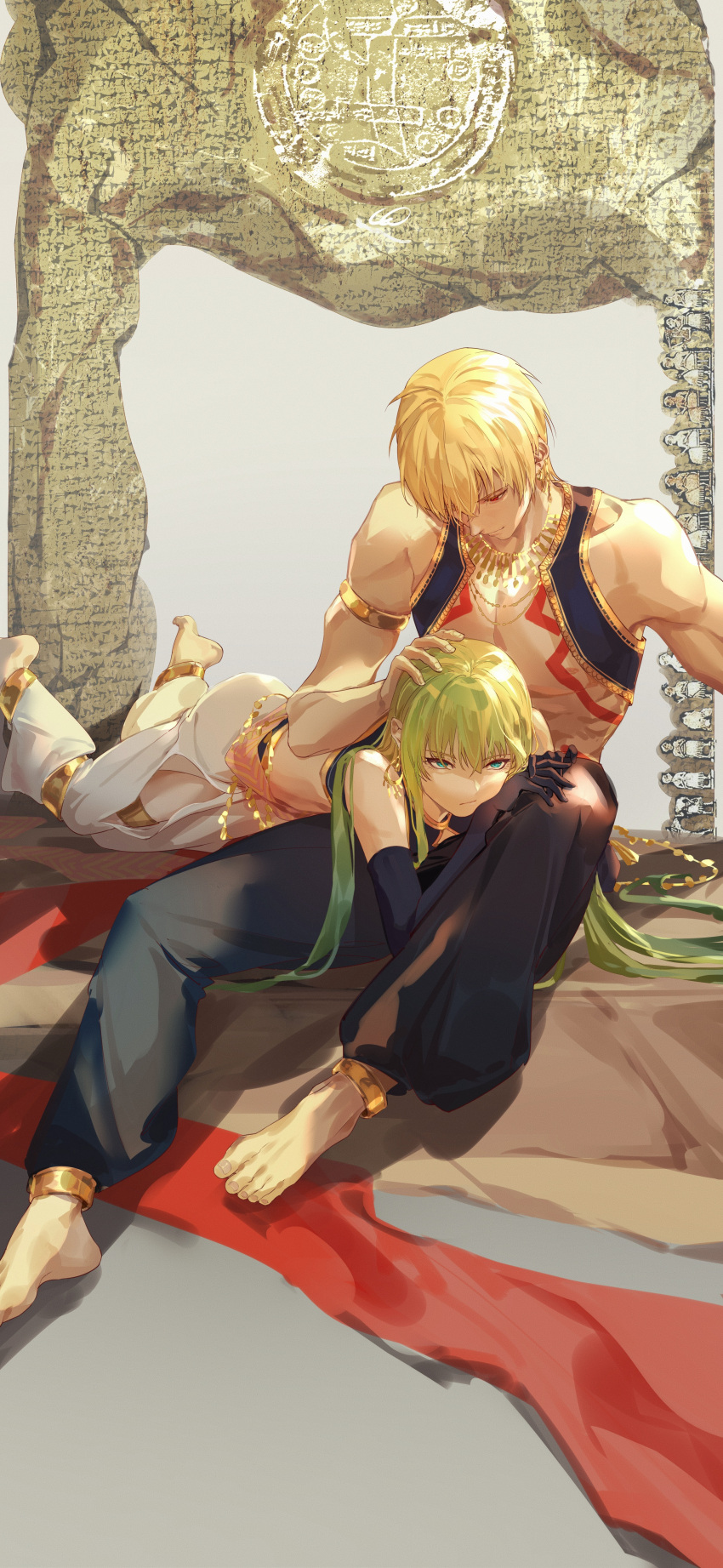 1boy, 1other, absurdres, androgynous, arabian_clothes, armlet, blonde_hair, body_markings, chinese_commentary, commentary_request, cropped_vest, cuneiform, earrings, elbow_gloves, emalfire, enkidu_(fate), enkidu_(talk_of_the_hot_sands)_(fate), fate/grand_order, fate_(series), gilgamesh_(fate), gilgamesh_(talk_of_the_hot_sands)_(fate), gloves, green_eyes, green_hair, harem_pants, highres, jewelry, long_hair, lying, midriff, necklace, on_stomach, open_clothes, open_vest, pants, red_eyes, short_hair, sitting, vest