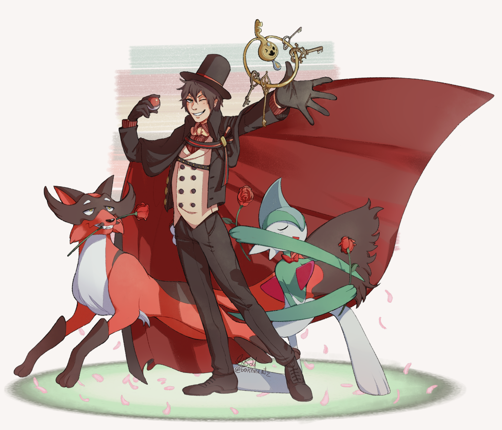 2boys, arsene_lupin_(code:realize), bakemeats, black_gloves, black_hair, black_jacket, black_pants, black_shoes