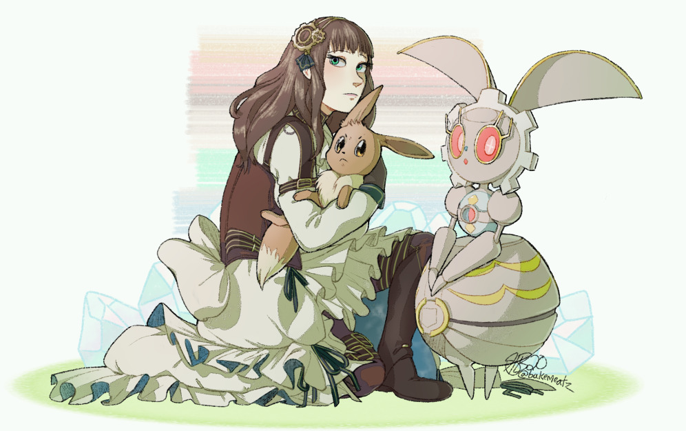 1girl, bakemeats, black_boots, boots, brown_hair, cardia_beckford, closed_mouth, code:realize, commentary, dress, eevee, english_commentary, full_body, green_eyes, hair_ornament, holding, holding_pokemon, magearna, pokemon, pokemon_(creature), red_eyes, signature, white_background, white_dress