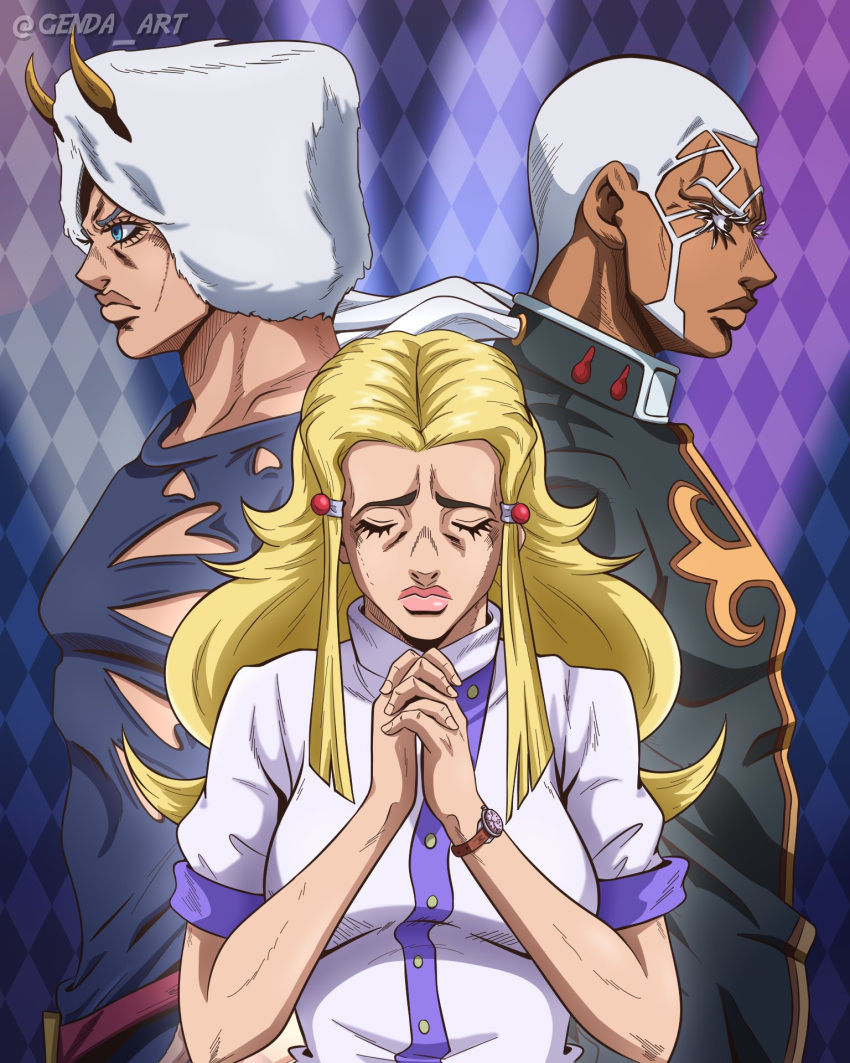 1girl, 2boys, anime_coloring, argyle_background, belt, black_robe, blonde_hair, blue_background