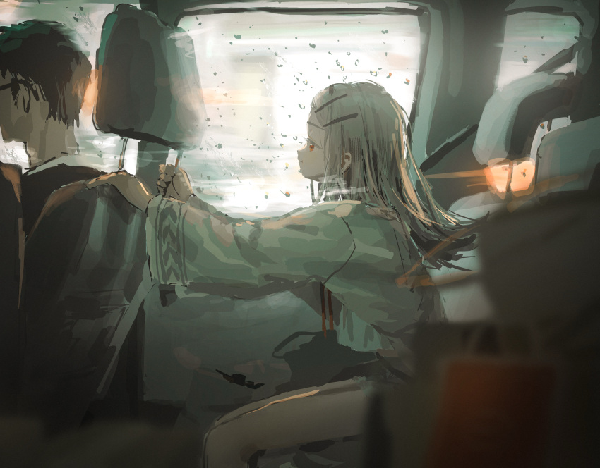 1boy, 1girl, absurdres, bag, black_hair, blonde_hair, blurry, blurry_foreground