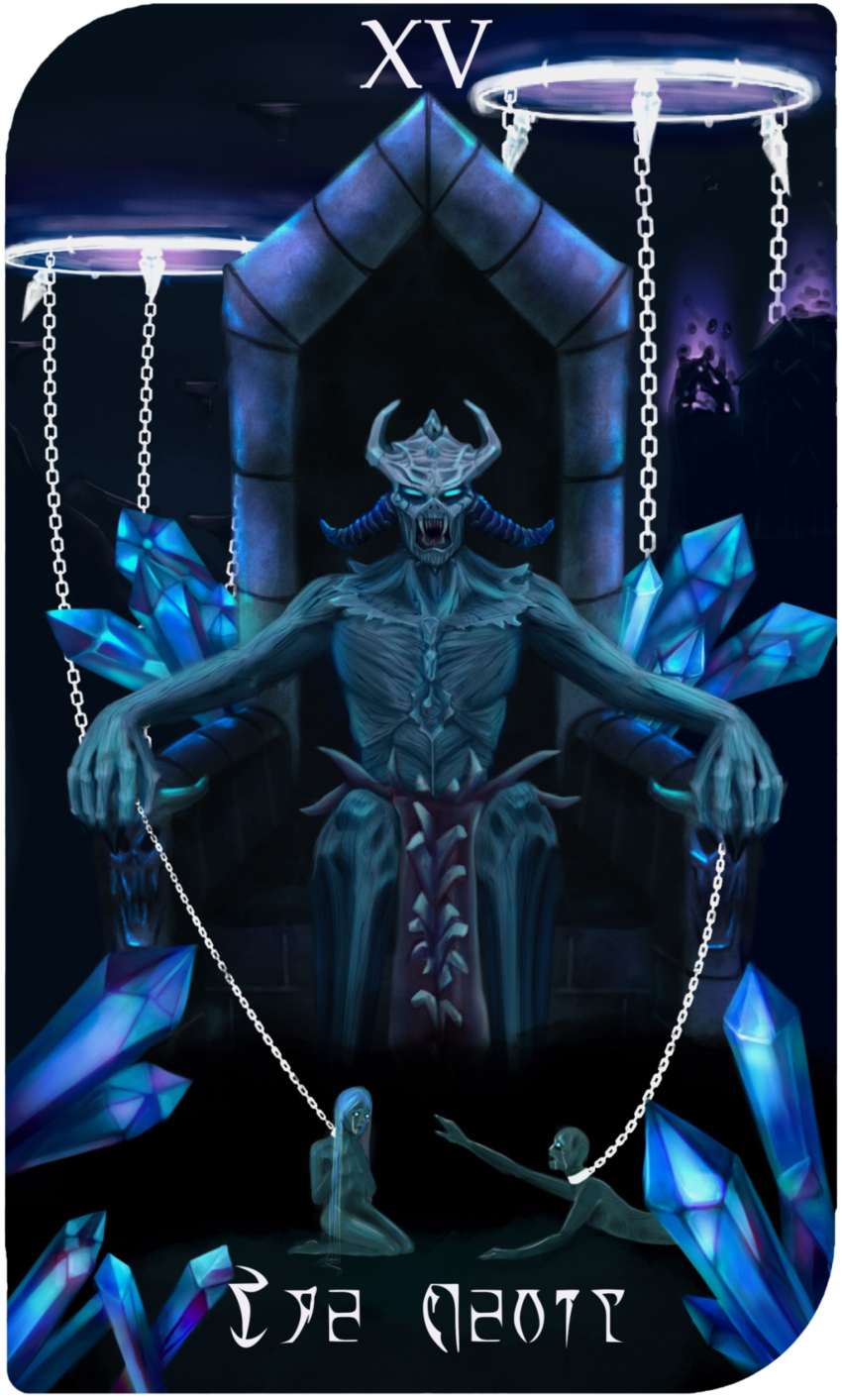 1girl, 2boys, absurdres, aredheelart, black_background, blue_eyes, blue_hair, brown_loincloth, card_(medium), chain, collar, colored_skin, crystal, demon, demon_boy, demon_horns, emaciated, facing_viewer, fangs, from_side, giant, glowing, glowing_eyes, grey_skin, highres, holding, holding_chain, horns, kneeling, long_hair, looking_at_another, lying, metal_collar, molag_bal, multiple_boys, no_pupils, on_stomach, on_throne, portal_(object), reaching, reaching_towards_another, roman_numeral, sharp_teeth, sitting, size_difference, tarot, tarot_(medium), teeth, the_elder_scrolls, the_elder_scrolls_online, throne
