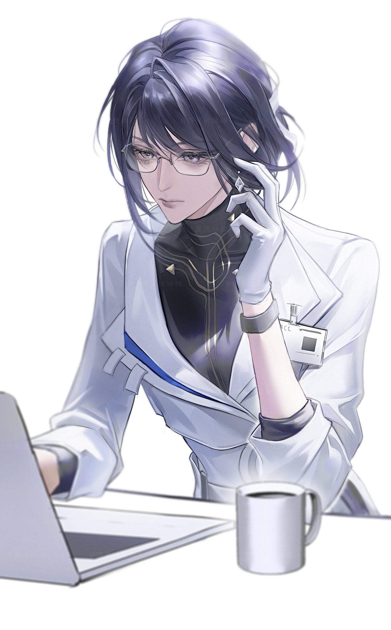 1girl, black_hair, chief_(path_to_nowhere), chinese_commentary, coffee_mug, commentary_request, computer, cup