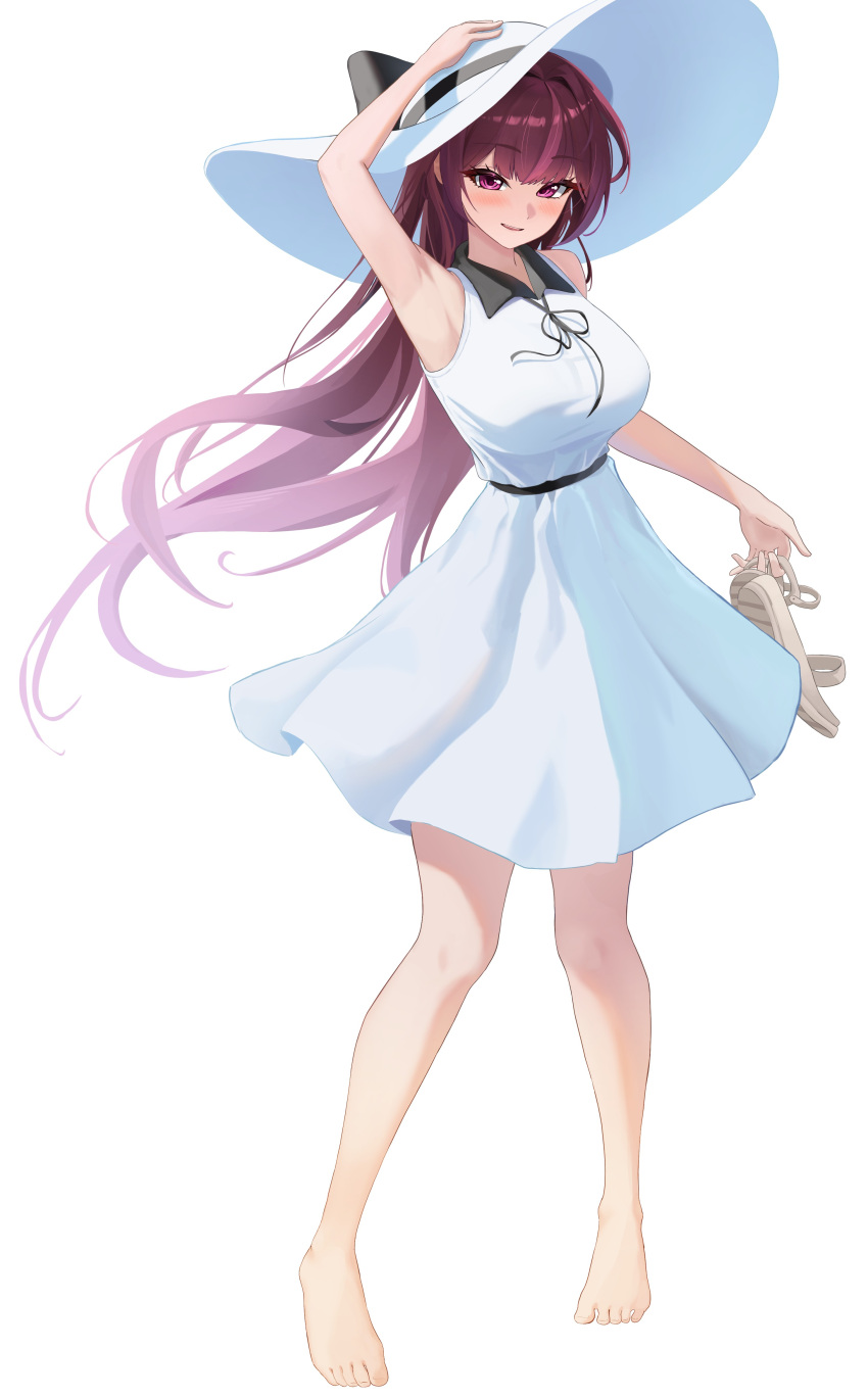 1girl, absurdres, arm_up, armpits, bare_legs, barefoot, black_ribbon, blush