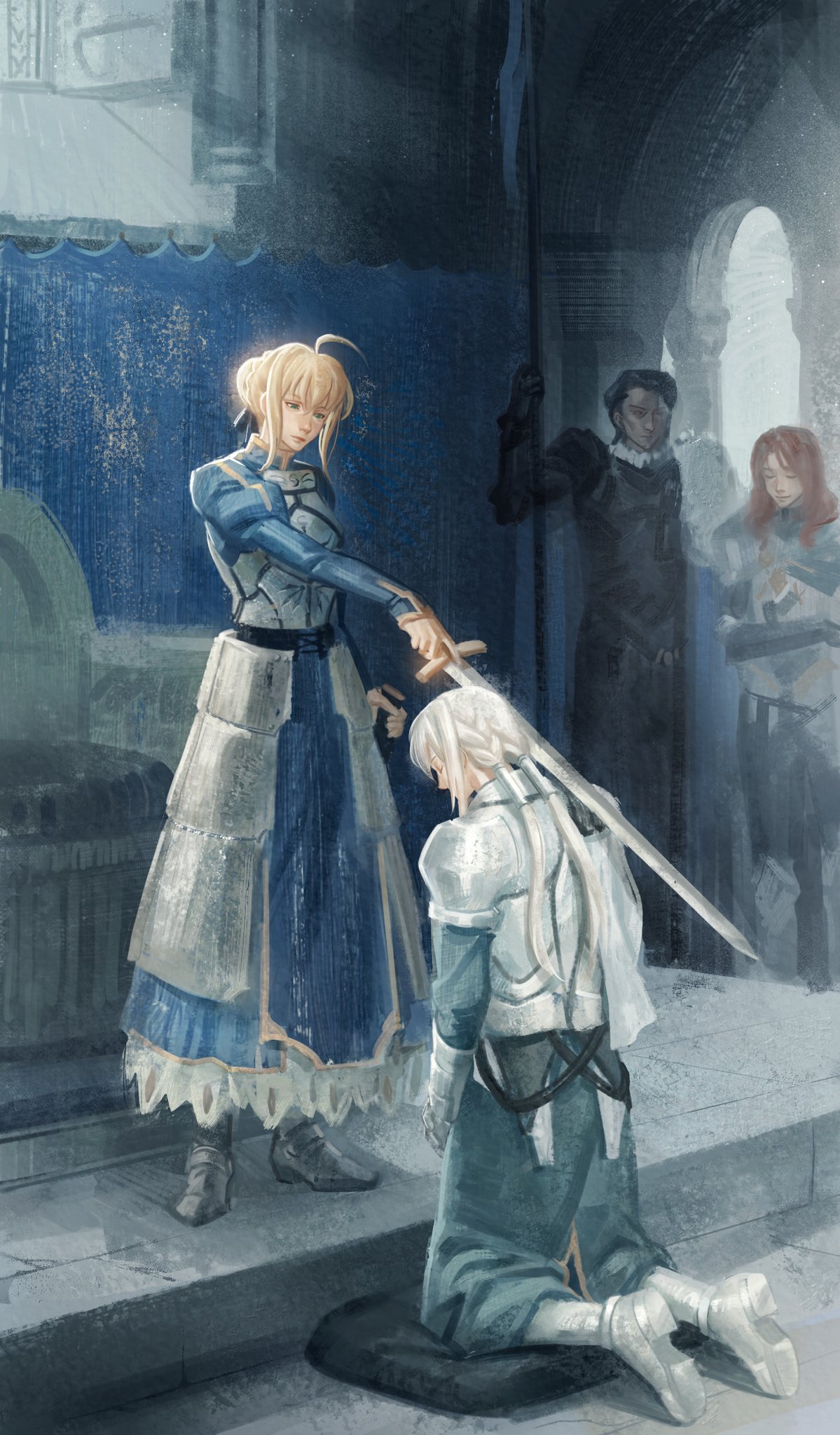 1girl, 3boys, agravain_(fate), ahoge, armor, armored_boots, armored_dress, artoria_pendragon_(fate)