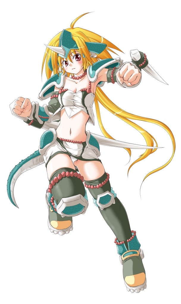 armor, armored_dress, blonde_hair, breasts, cerate, cleavage, horn, midriff, muranako, official_art, panties, queen's_blade, queen's_blade_spiral_chaos, queen's_blade, queen's_blade_spiral_chaos, red_eyes, skirt, tail, thigh-highs, thighhighs, underwear