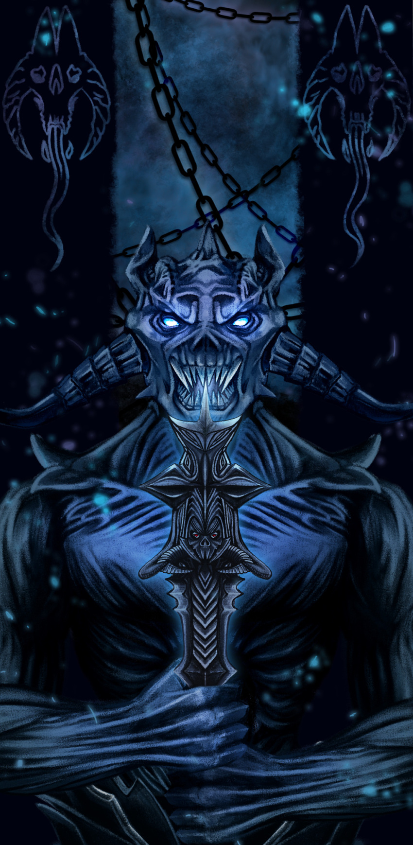 1boy, black_background, blue_eyes, chain, colored_skin, corpsementholcat, demon, demon_boy