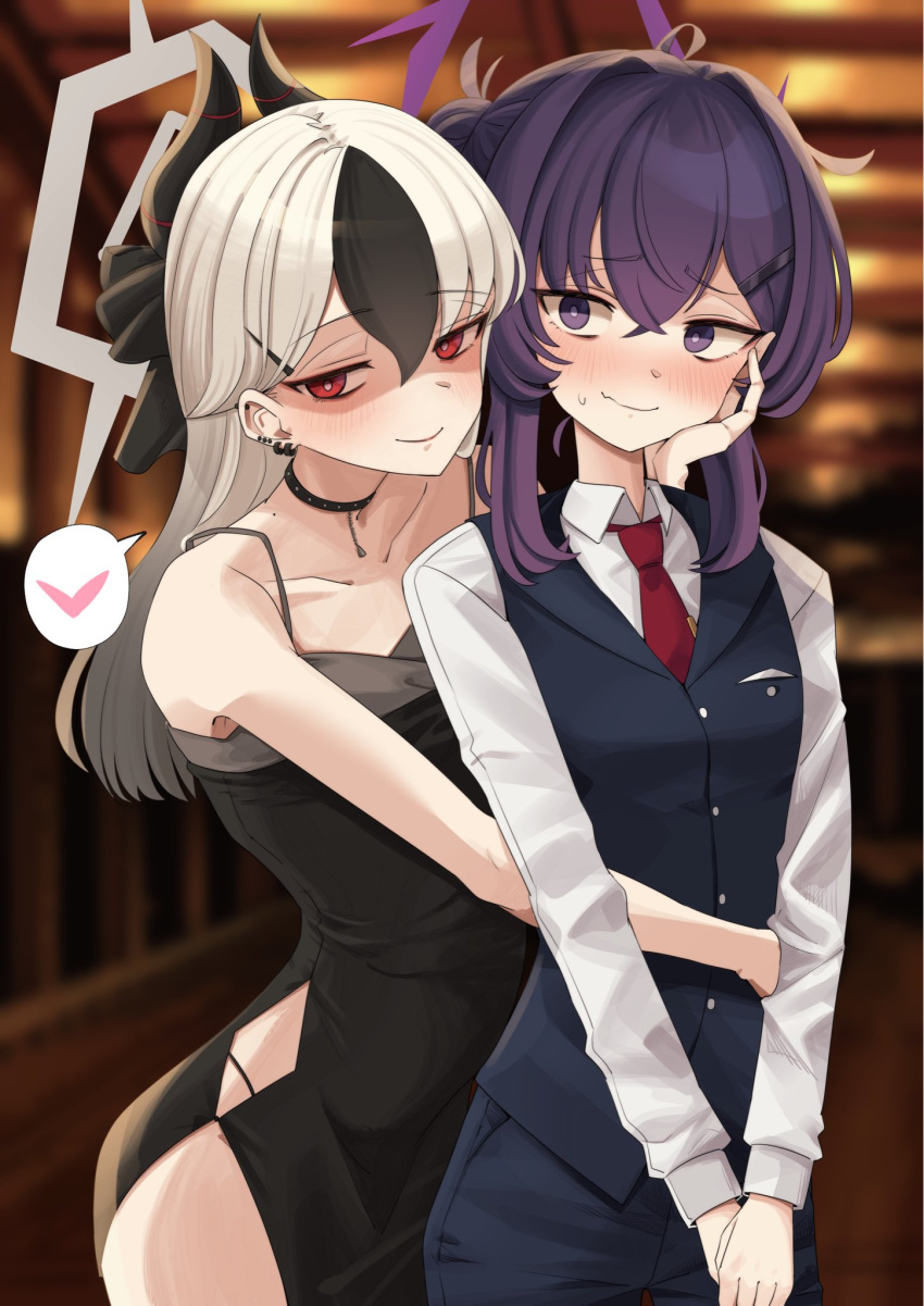 2girls, arm_around_another's_waist, black_choker, black_dress, black_hair, black_horns, black_pants, black_vest