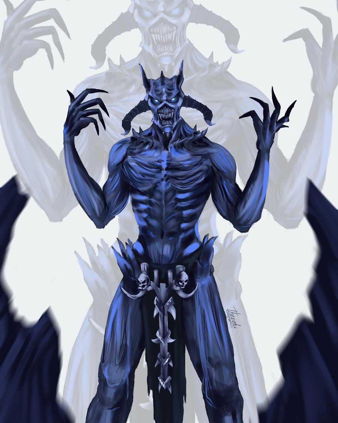 1boy, black_loincloth, blue_eyes, bone, colored_skin, commentary, cowboy_shot, demon