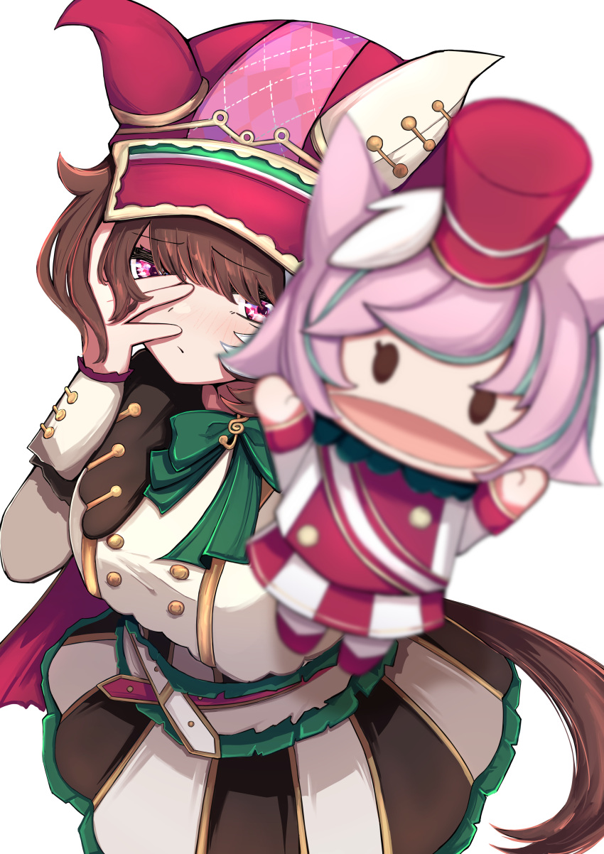 1girl, absurdres, animal_ears, black_skirt, blurry, blush, brown_hair, closed_mouth