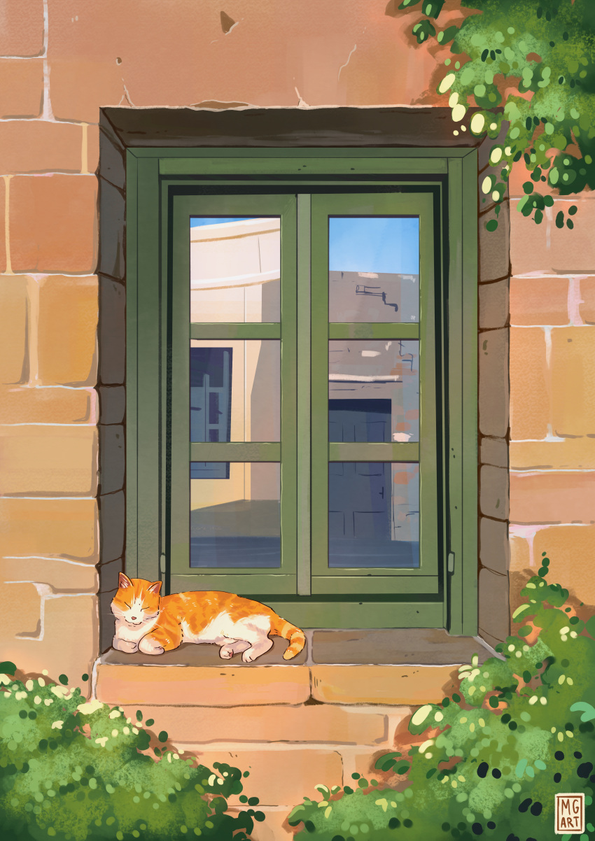 absurdres, animal, animal_request, artist_logo, artist_name, brick_wall, building, bush, cat, commentary, day, english_commentary, greece, highres, logo, marusa_gorjup, no_humans, original, outdoors, photo-referenced, plant, reflective_surface, scenery, window, windowsill