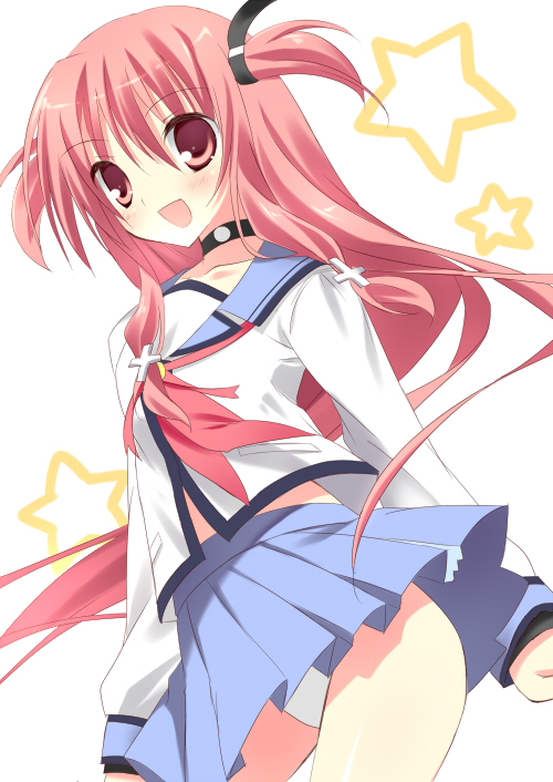 1girl, angel_beats!, choker, cross, long_hair, open_mouth, panties, pantyshot, pink_eyes, pink_hair, sakura_yuduna, sakura_yuzuna, school_uniform, serafuku, solo, stars, twintails, underwear, yui_(angel_beats!)