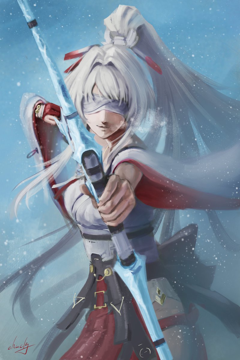1girl, aiming, aiming_at_viewer, archery_shooting_glove, blindfold, bow_(weapon), breasts, breath