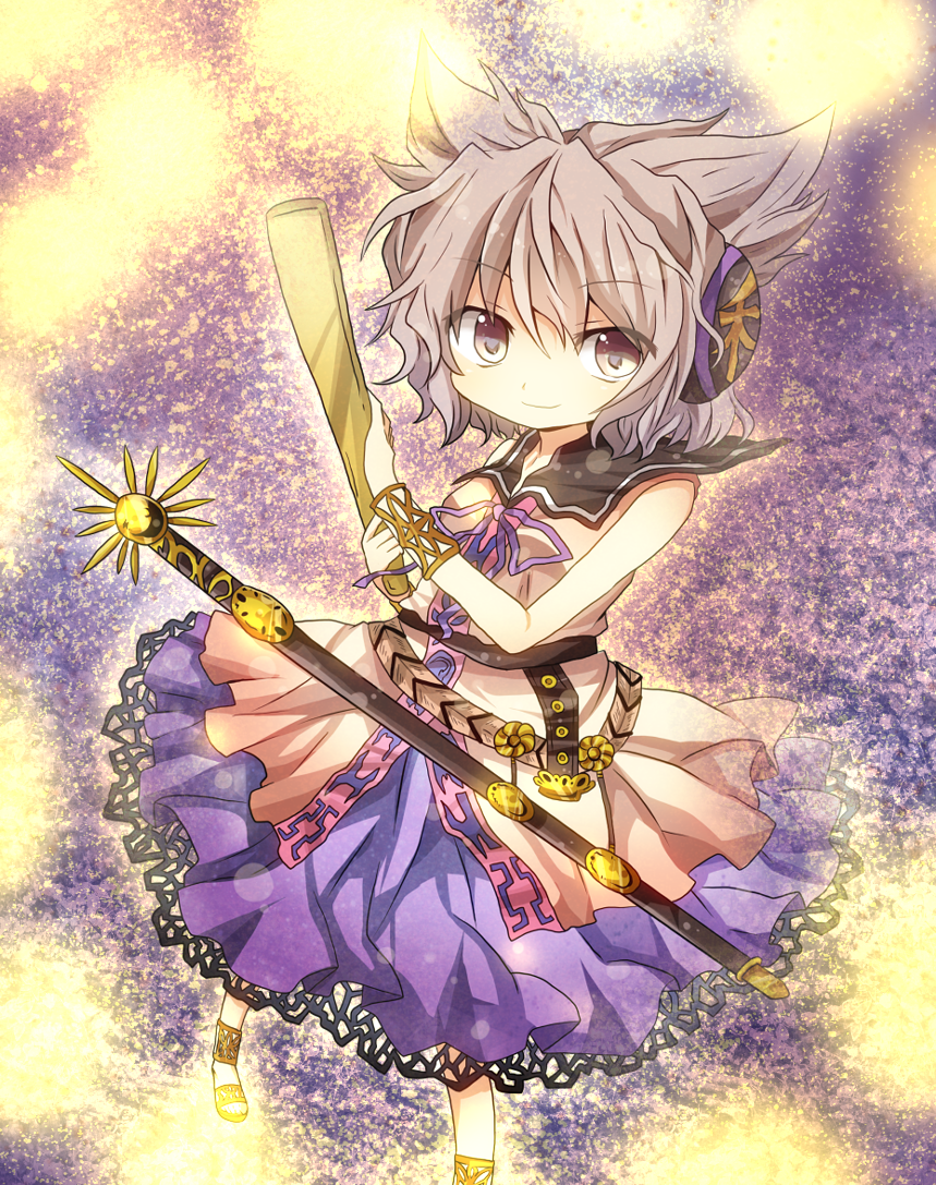 belt, brown_eyes, brown_hair, earmuffs, headphones, mari_audio, ritual_baton, sheath