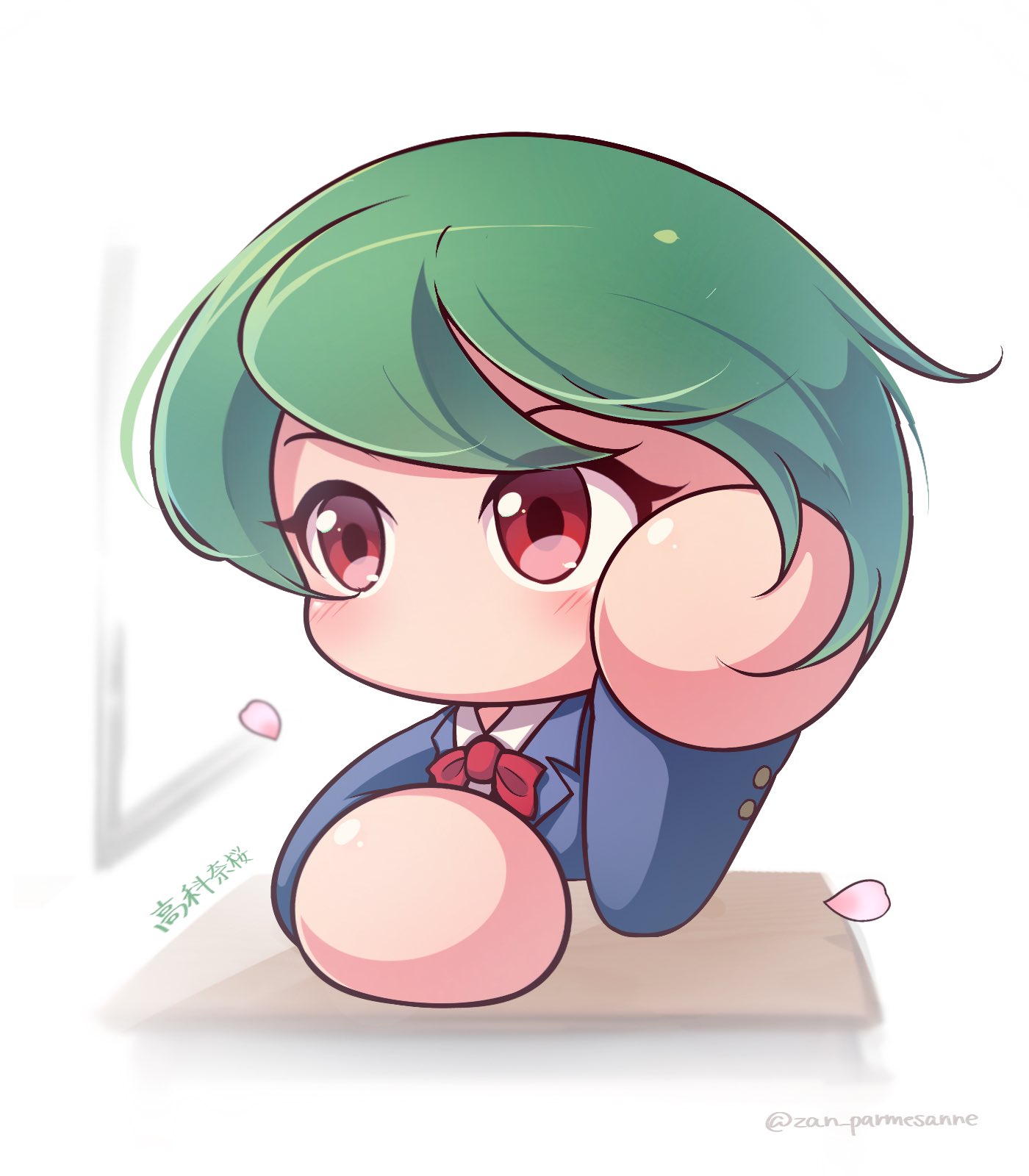 1girl, blazer, blue_jacket, bow, bowtie, desk, elbows_on_table, green_hair