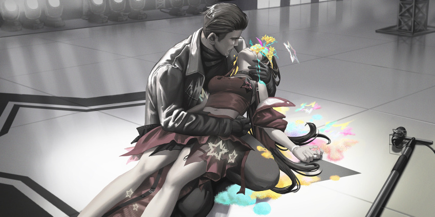 1boy, 1girl, black_gloves, gloves, goddess_of_victory:_nikke, head_on_another's_arm, highres, jacket, junwen_lululu, long_hair, microphone, oswald_(nikke), pretty_(nikke), red_crop_top, red_skirt, short_hair, skirt, spoilers, spot_color, stage, thighs
