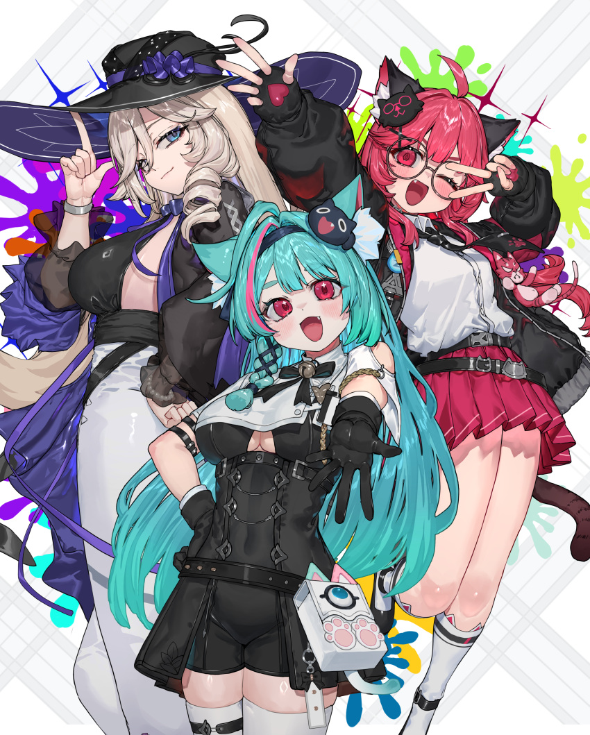 3girls, absurdres, animal_ears, aqua_hair, black-framed_eyewear, black_bodysuit, black_gloves, black_hat
