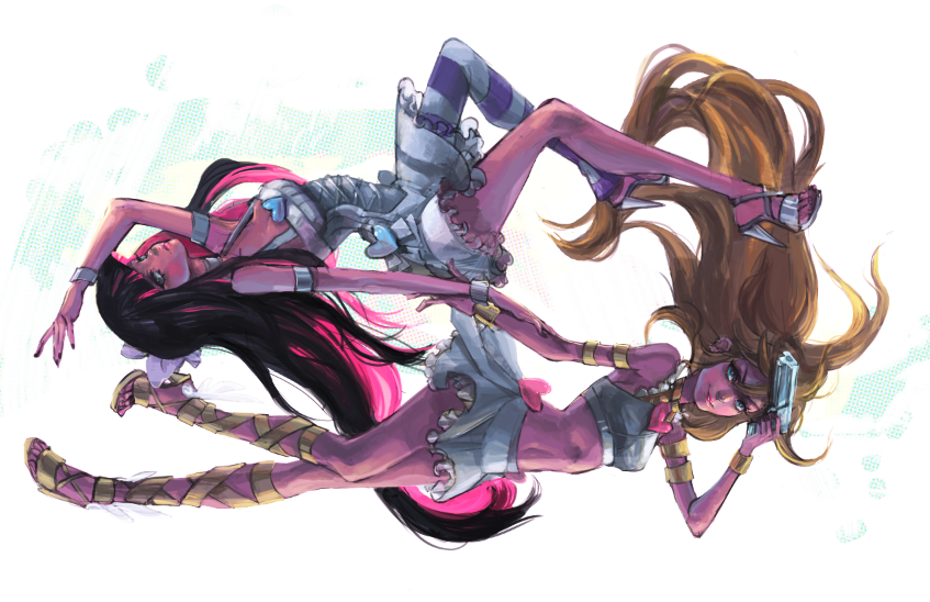 artist_request, back_lace, blonde_hair, blue_eyes, blue_hair, bow, breasts, corset, cross-laced_footwear, dress, green_eyes, gun, hair_bow, high_heels, leslie_hung, long_hair, midriff, multicolored_hair, multiple_girls, panty_&amp;_stocking_with_garterbelt, panty_(character), panty_(psg), pink_hair, rotational_symmetry, shoes, siblings, simple_background, single_thighhigh, sisters, stocking_(character), stocking_(psg), striped, striped_legwear, thighhighs, two-tone_hair, very_long_hair, weapon, white_background