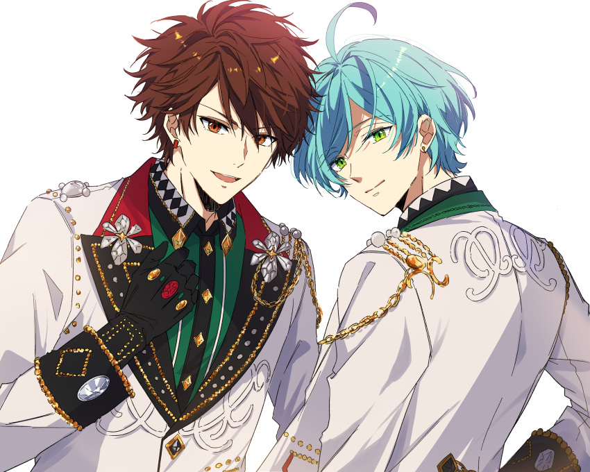 2boys, absurdres, ahoge, black_gloves, blue_hair, brown_eyes, brown_hair, buttons, call_your_name!!_(ensemble_stars!), closed_mouth, collared_shirt, commentary_request, diamond_(shape), earrings, ensemble_stars!, gem, gloves, green_eyes, hand_up, highres, jewelry, lapels, layered_clothes, long_sleeves, looking_at_viewer, male_focus, morisawa_chiaki, multiple_boys, official_alternate_costume, open_mouth, shinkai_kanata, shirt, short_hair, simple_background, split_mouth, upper_body, usui_(usui_koi), white_background, wing_collar