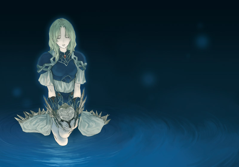 armored_dress, headwear_removed, helmet, helmet_removed, janus, lenneth_valkyrie, silmeria_valkyrie, sitting, solo, valkyrie_profile, water
