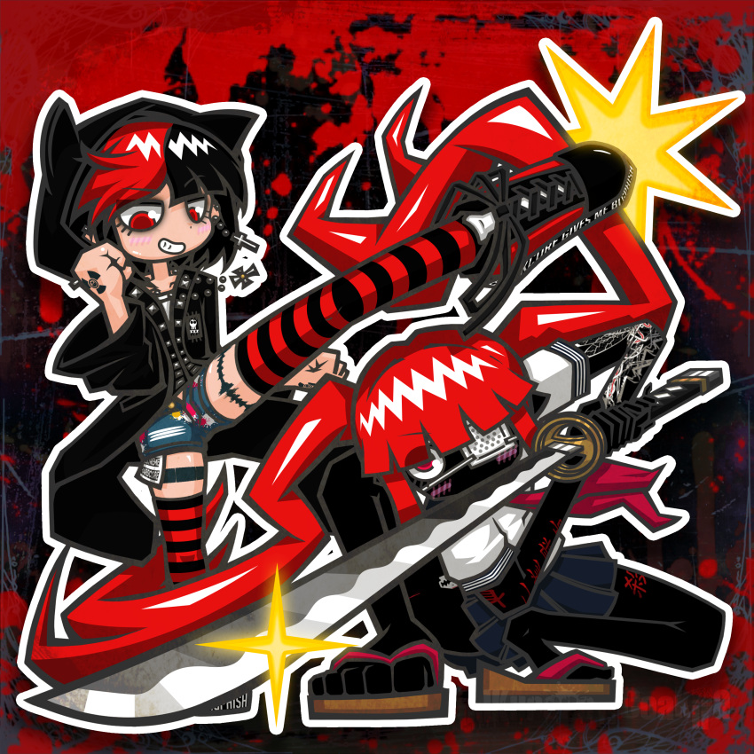 2girls, absurdres, animal_ears, black_background, black_hair, black_hoodie, black_shoes, black_skin