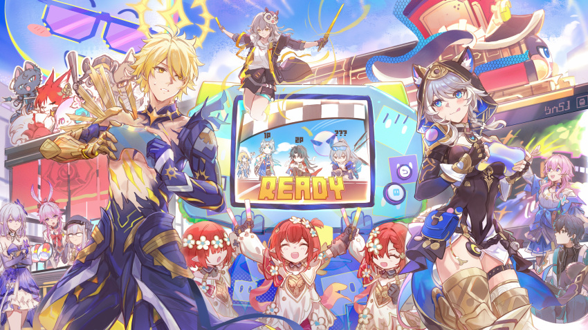2boys, 6+girls, absurdres, animal_ear_fluff, animal_ears, antenna_hair, arms_up, asymmetrical_dual_wielding