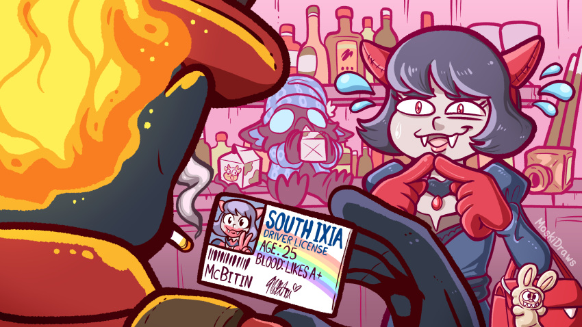 1girl, black_hair, blood, blood_from_mouth, bob_cut, dark-skinned_male, dark_skin, deadlock_(game), drink_carton, drinking, fake_horns, fidgeting, fire, flying_sweatdrops, gloves, hat, highres, horns, index_fingers_together, infernus_(deadlock), labubu, milk_carton, mina_(deadlock), moskidraws, multiple_boys, nervous, nightcap, pointing, red_eyes, red_gloves, rem_(deadlock), shirt, short_hair, solo, vampire, vest
