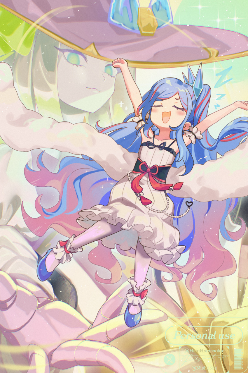 2girls, blue_eyes, blue_hair, blush, boots, breasts, camisole, closed_eyes