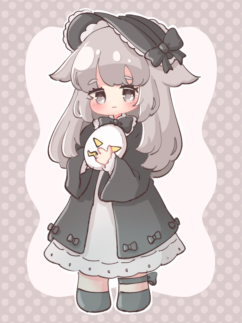 :3, black_bow, black_dress, black_hat, black_shoes, blush, bonnet, bow