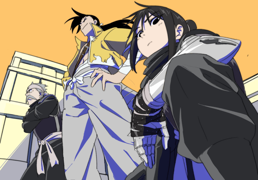 1girl, 2boys, automail, black_eyes, black_hair, closed_eyes, facial_hair, fu_(fma)