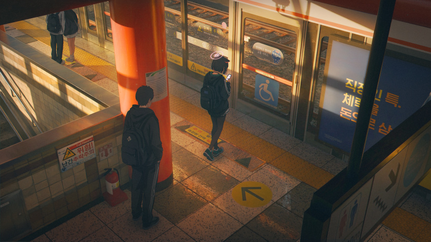 2boys, 2girls, animal_ears, arrow_(symbol), backpack, bag, black_choker, blue_archive