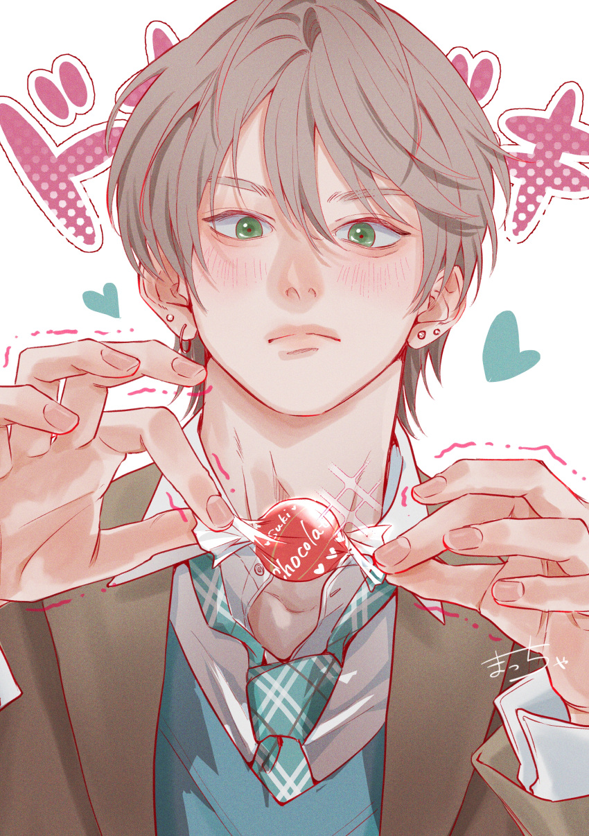 1boy, absurdres, blush, brown_hair, candy, candy_wrapper, cardigan, collared_shirt