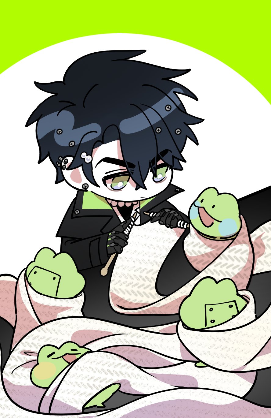 1boy, 88_oo, black_hair, black_jacket, blanket, chibi, chibi_only, commentary_request