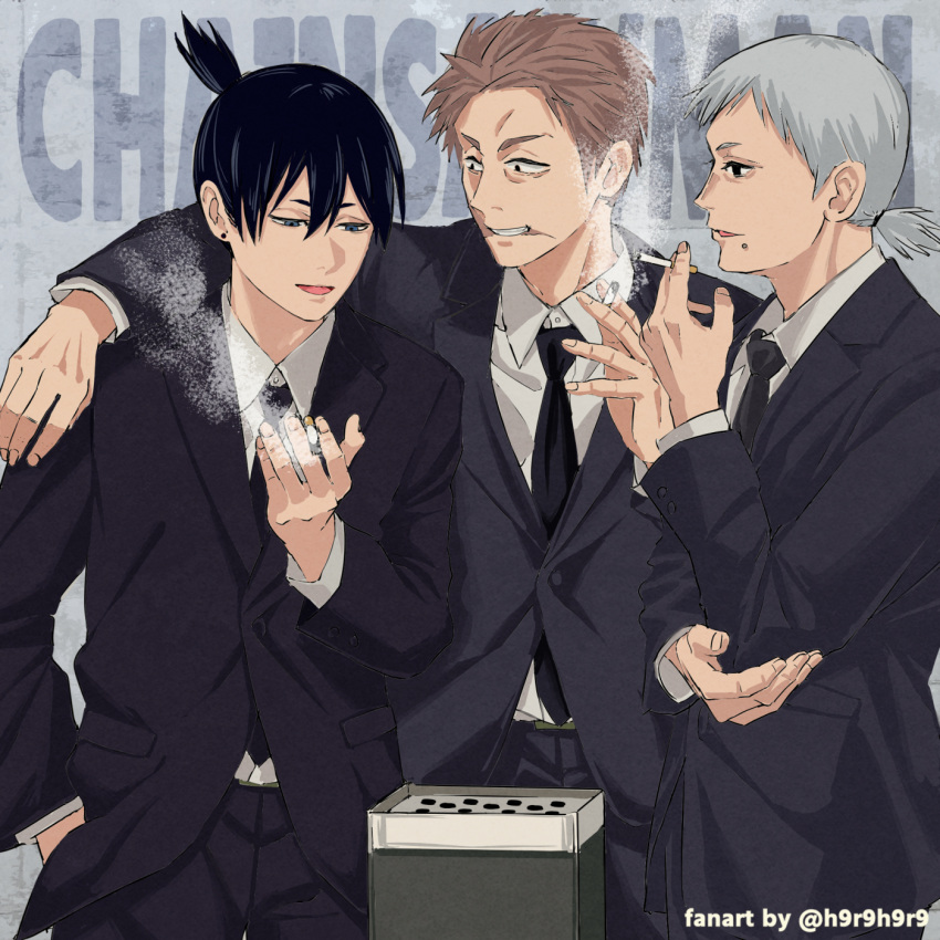 3boys, arm_around_another's_back, belt_buckle, black_hair, black_necktie, blue_eyes, brown_eyes, brown_hair