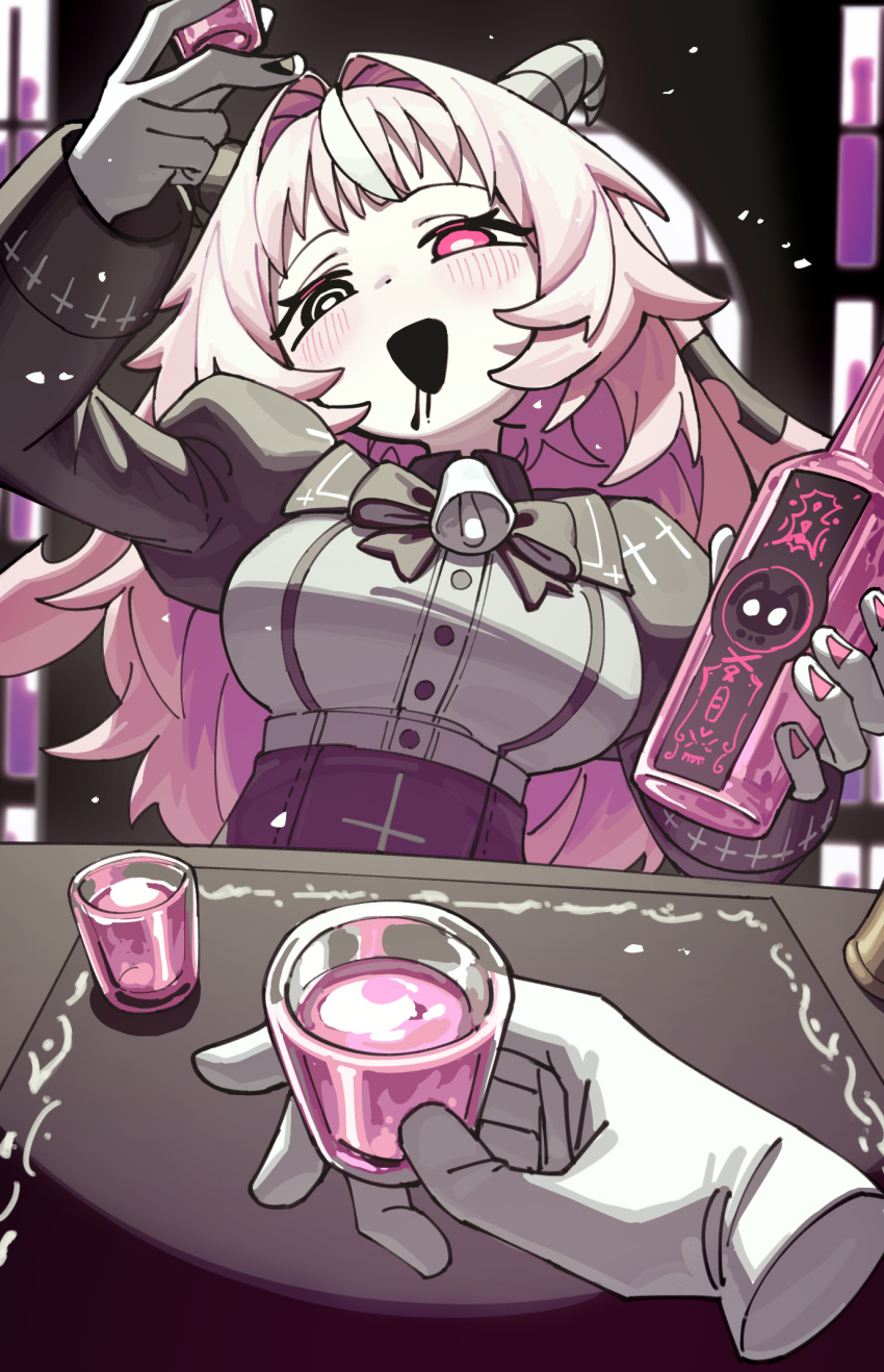 14mango, 1girl, 1other, animal_ears, backward-facing_horns, bell_bow, black_bow, black_bowtie
