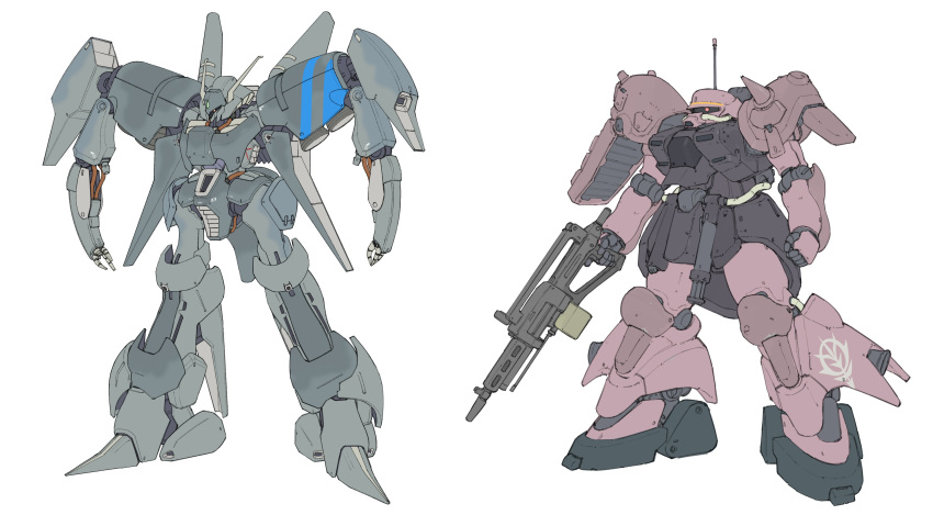 absurdres, byalant, commentary, dangodes, gun, gundam, highres, holding, holding_gun, holding_weapon, mecha, mecha_focus, mobile_suit, neo_zeon, no_humans, one-eyed, one-eyed_mecha, robot, science_fiction, shoulder_spikes, simple_background, spikes, titans_(gundam), under_the_gundam:_double_fake, weapon, white_background, zaku_iii, zeta_gundam