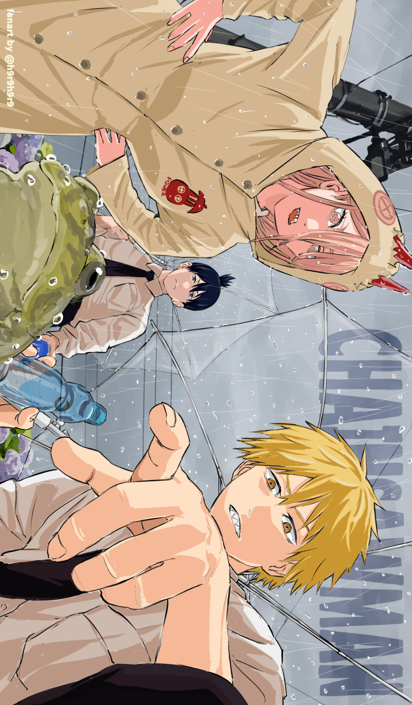 artist_name, black_necktie, black_pants, blonde_hair, chainsaw_man, clouds, cloudy_sky, collared_shirt